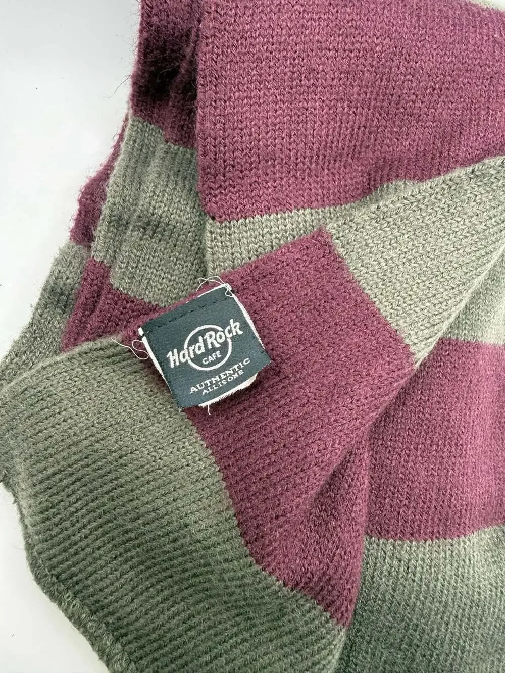 Hard Rock Cafe Striped Knit Scarf Maroon and Olive Green